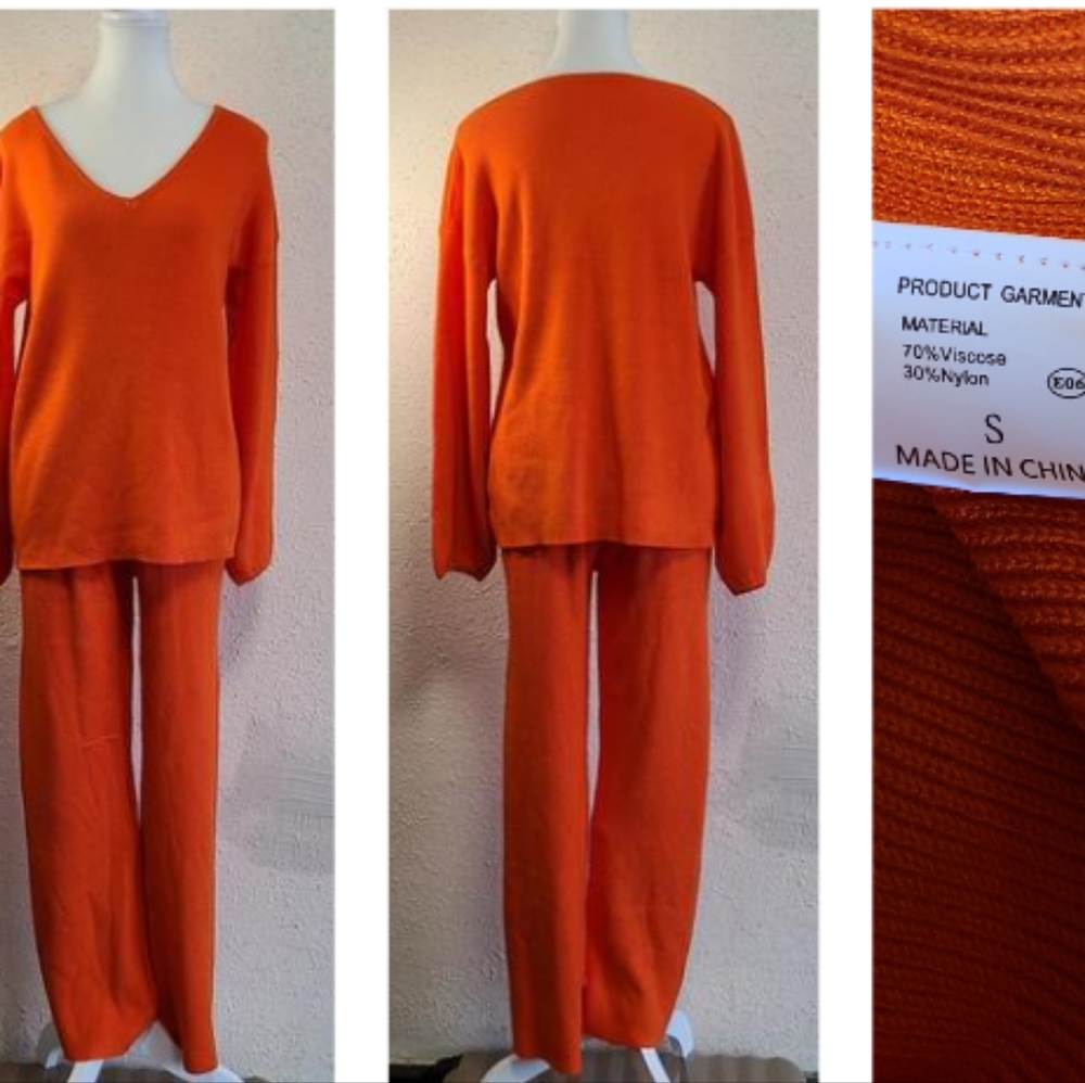 Women's Orange V Neck Pullover Longsleeve Ribbed Knit Top & Wide Leg Pants Set
